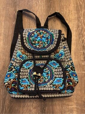 Backpack - Embroidered Floral Black and Blue Drawstring